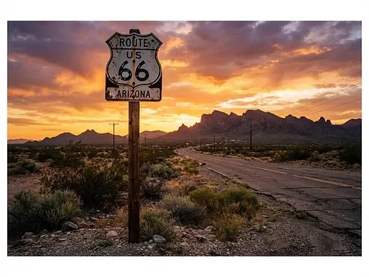 Vintage Route 66 highway sign at sunset in the Arizona desert