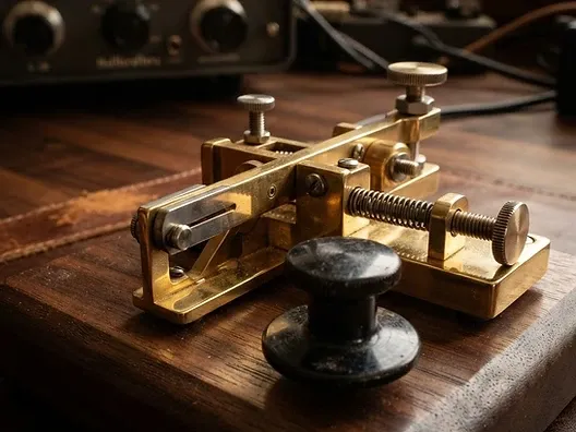 Close-up of a polished brass telegraph key for sending Morse code