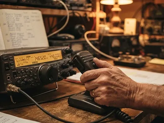 Ham radio operator's hand on a desk microphone at an amateur radio station